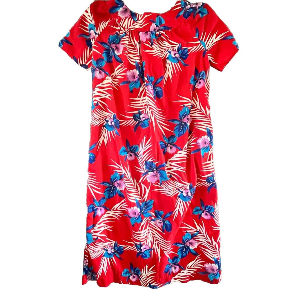 At Home Wear House Dress Caftan Red Floral Hawaiian Pocketed Muumuu USA Maxi